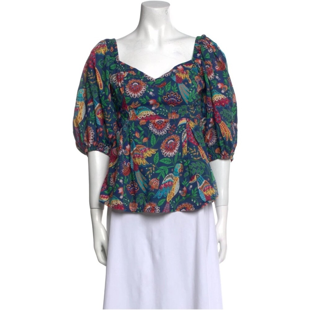 Farm Rio Bird Print Puff Sleeve Blouse 🌿 Teal Tropical Top Size S - Picture 2 of 4
